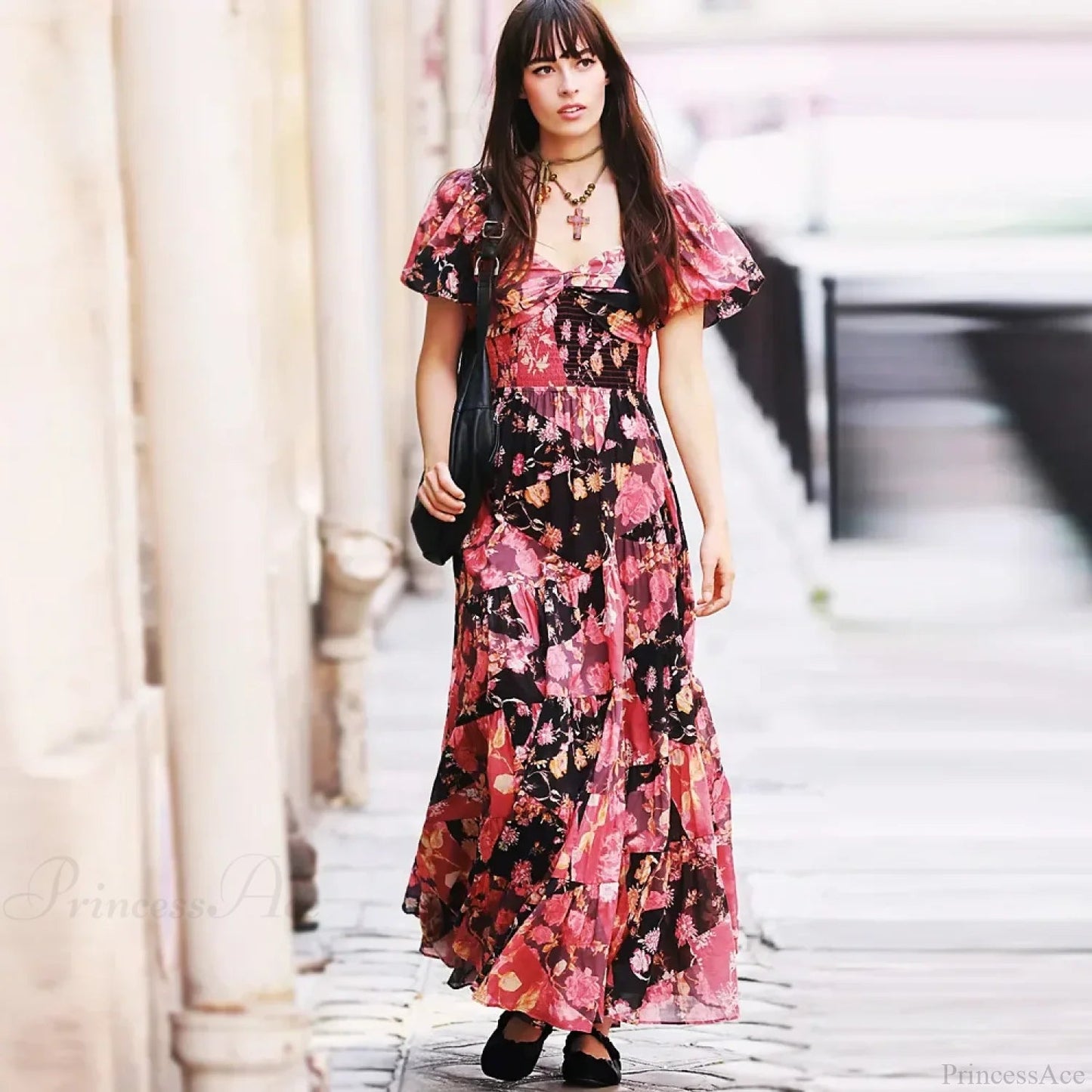 Chiffon Maxi Dress Print Puff Sleeve