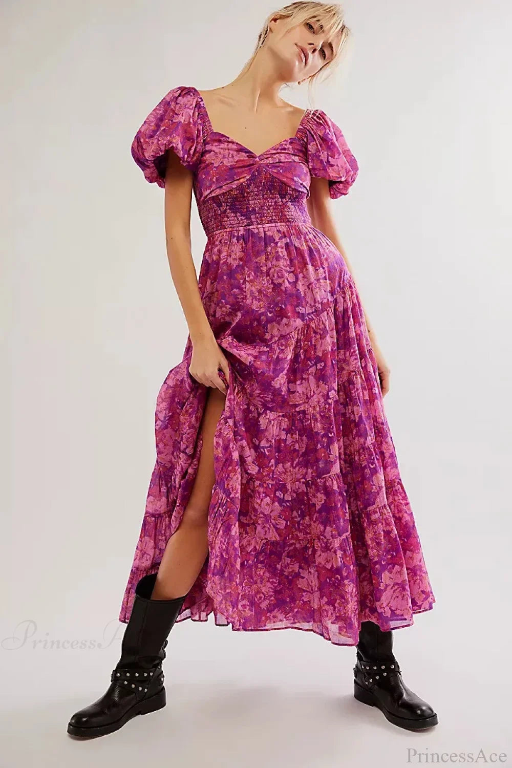 Chiffon Maxi Dress Print Puff Sleeve
