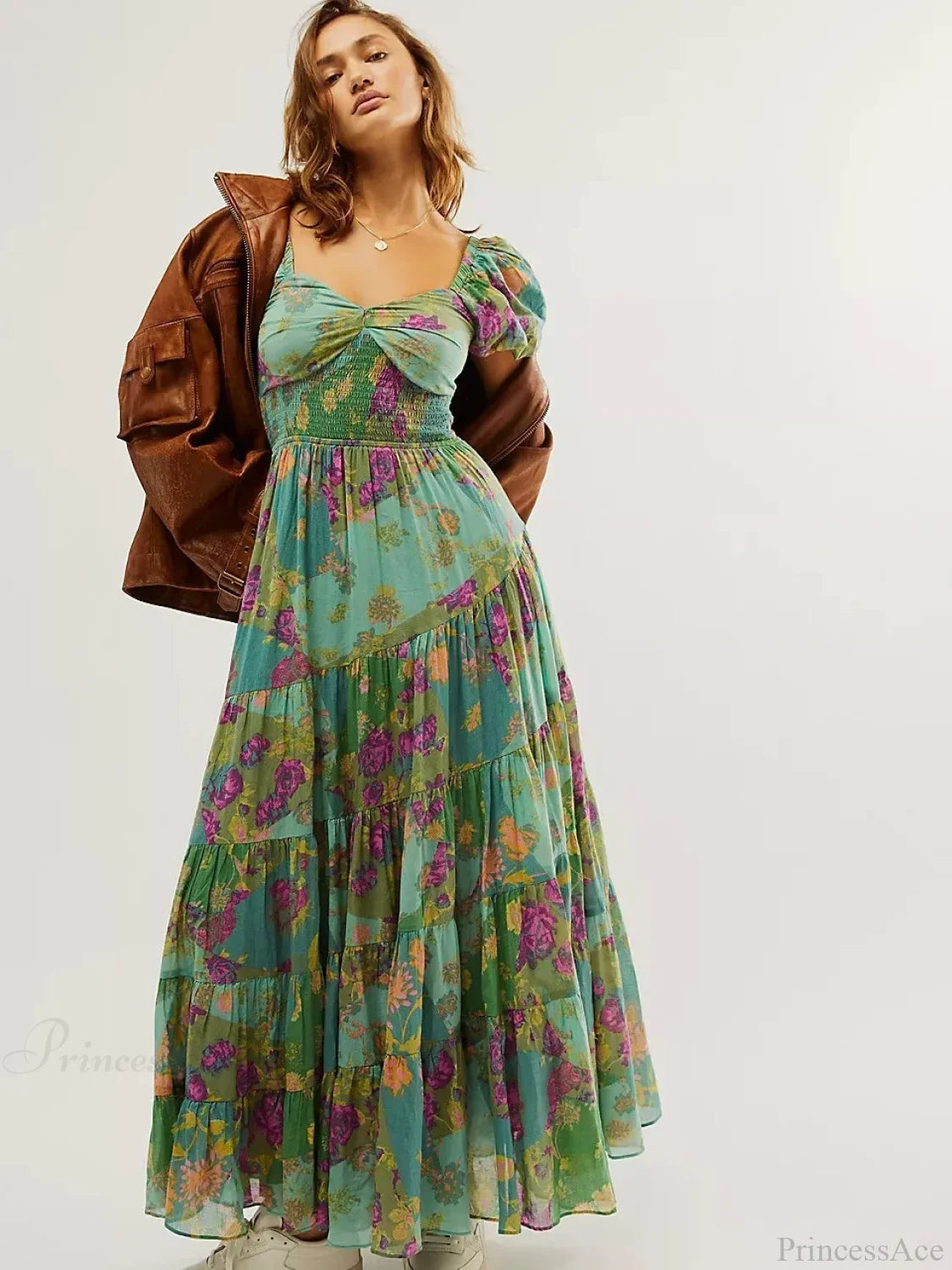 Chiffon Maxi Dress Print Puff Sleeve