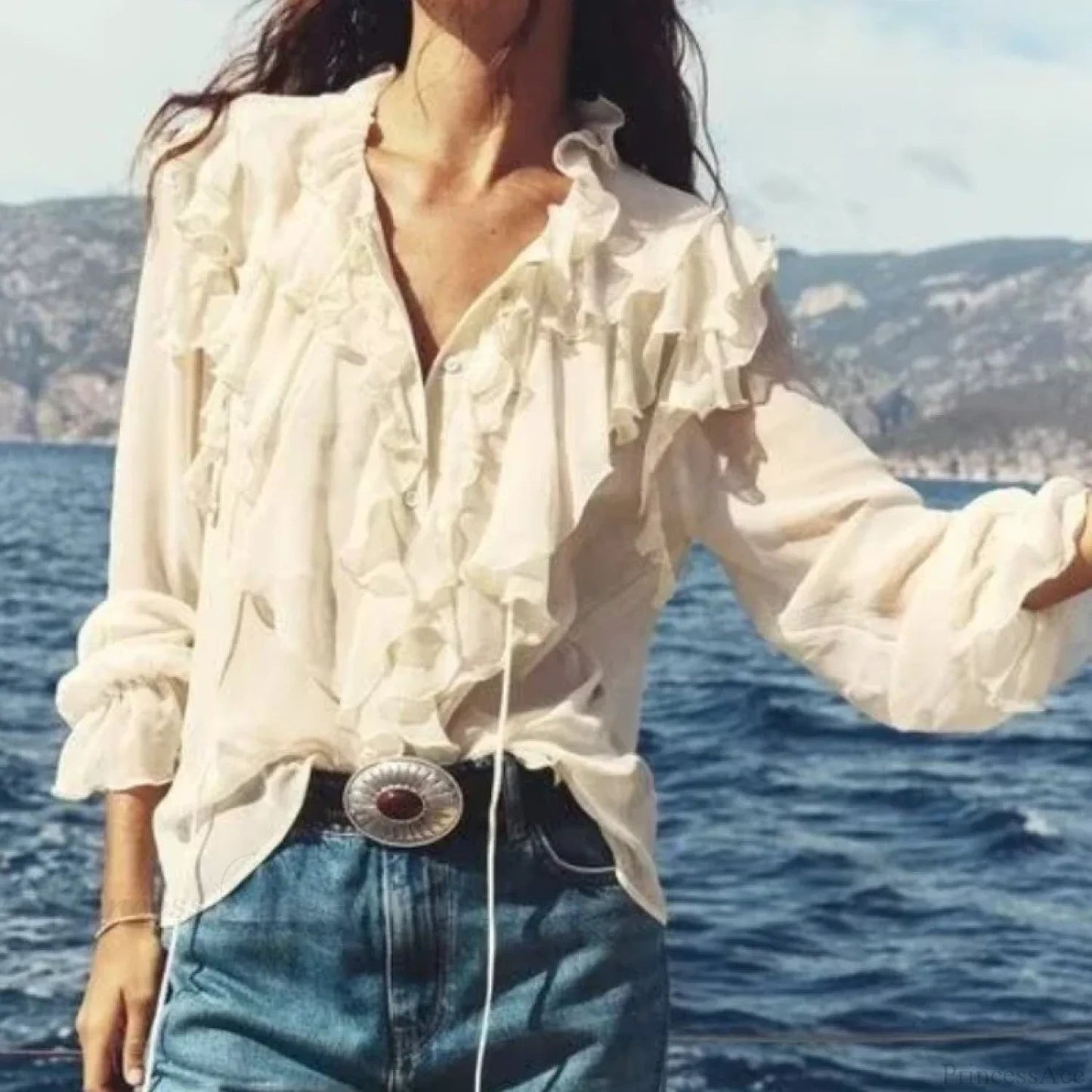 Chiffon Ruffles Bow Tie Long Sleeve Blouse
