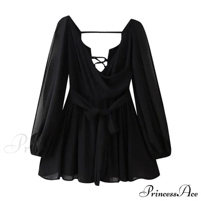 Chiffon Slit Long Sleeve Graceful Lace Up Mini Dress
