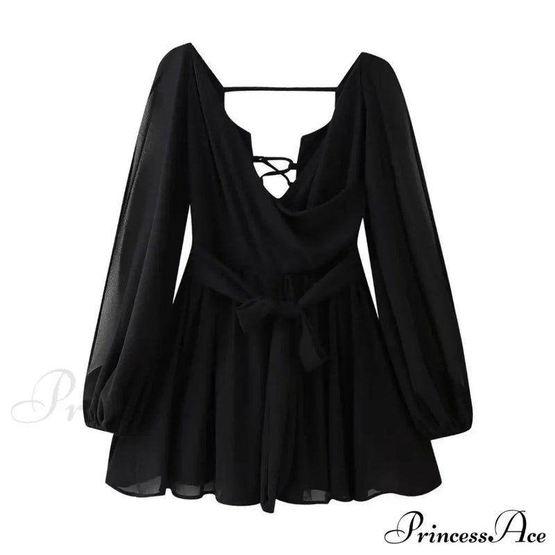 Chiffon Slit Long Sleeve Graceful Lace Up Mini Dress