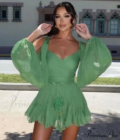 Chiffon Slit Long Sleeve Graceful Lace Up Mini Dress
