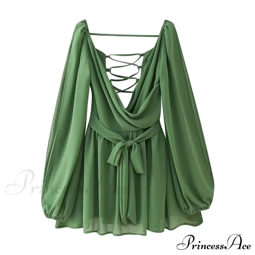 Chiffon Slit Long Sleeve Graceful Lace Up Mini Dress