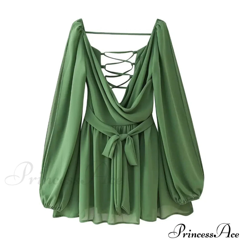 Chiffon Slit Long Sleeve Graceful Lace Up Mini Dress