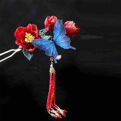 Chinese Hairpin | Red Flower & Blue Butterfly Design
