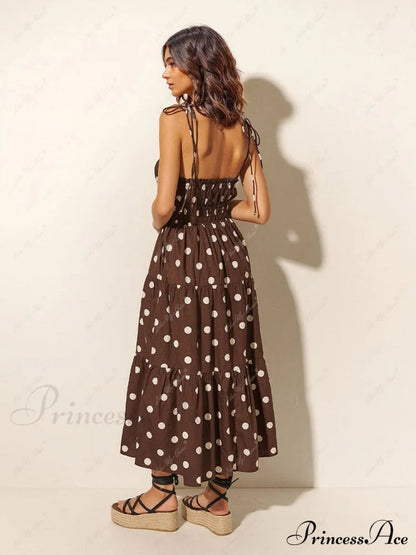 Chocolate and Ivory Polka Dot Print Pleated Elastic Strap Dress