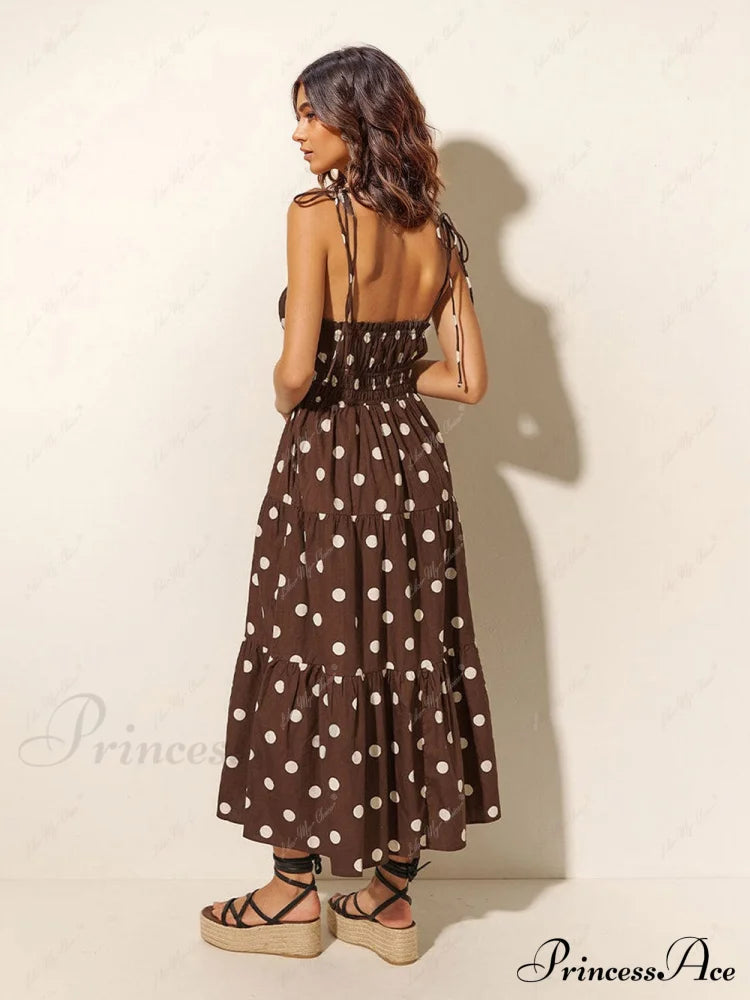 Chocolate and Ivory Polka Dot Print Pleated Elastic Strap Dress