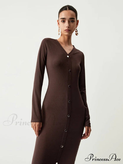 Chocolate Button Down Long Sleeve Midi Dress