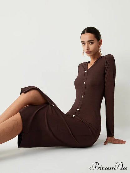 Chocolate Button Down Long Sleeve Midi Dress