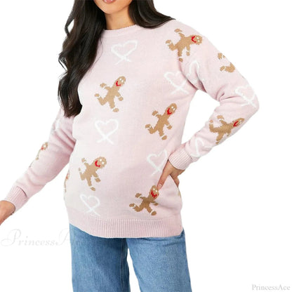 Christmas Gingerbread Print Long Sleeve Round Neck Loose Christmas Sweater