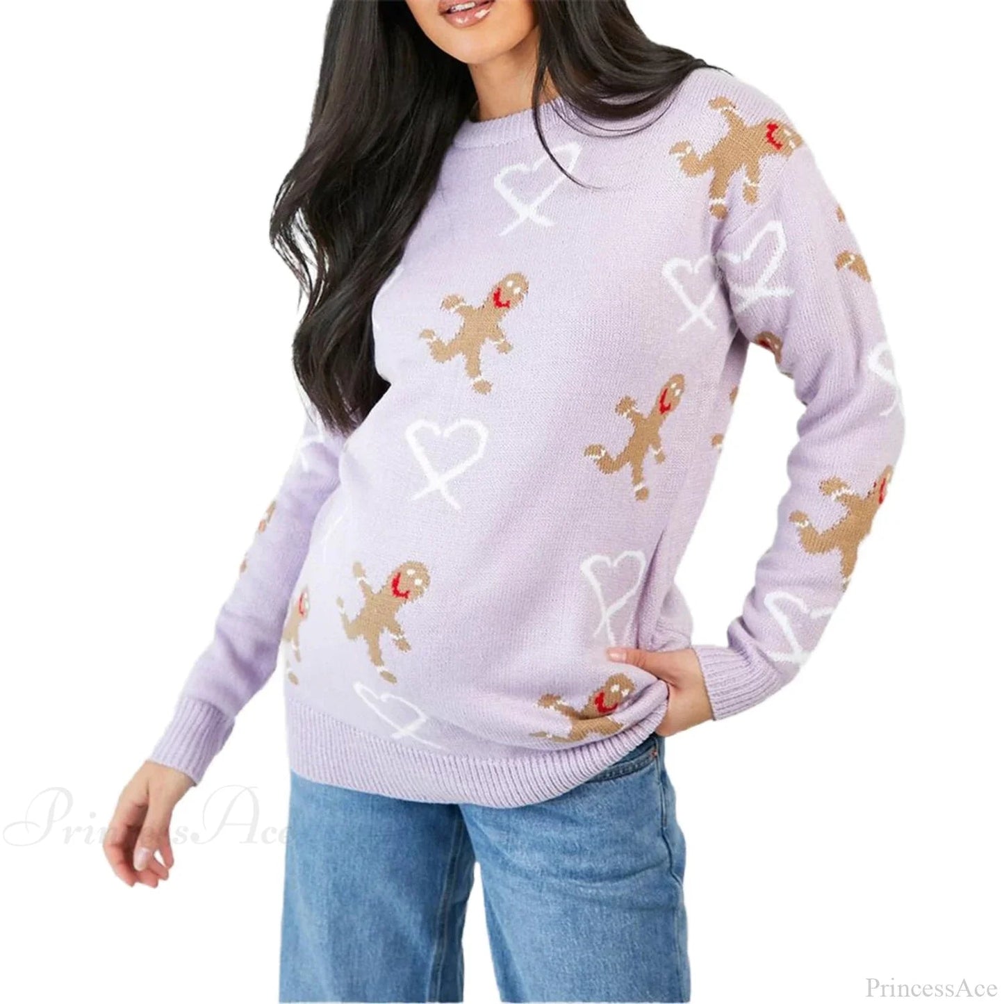 Christmas Gingerbread Print Long Sleeve Round Neck Loose Christmas Sweater