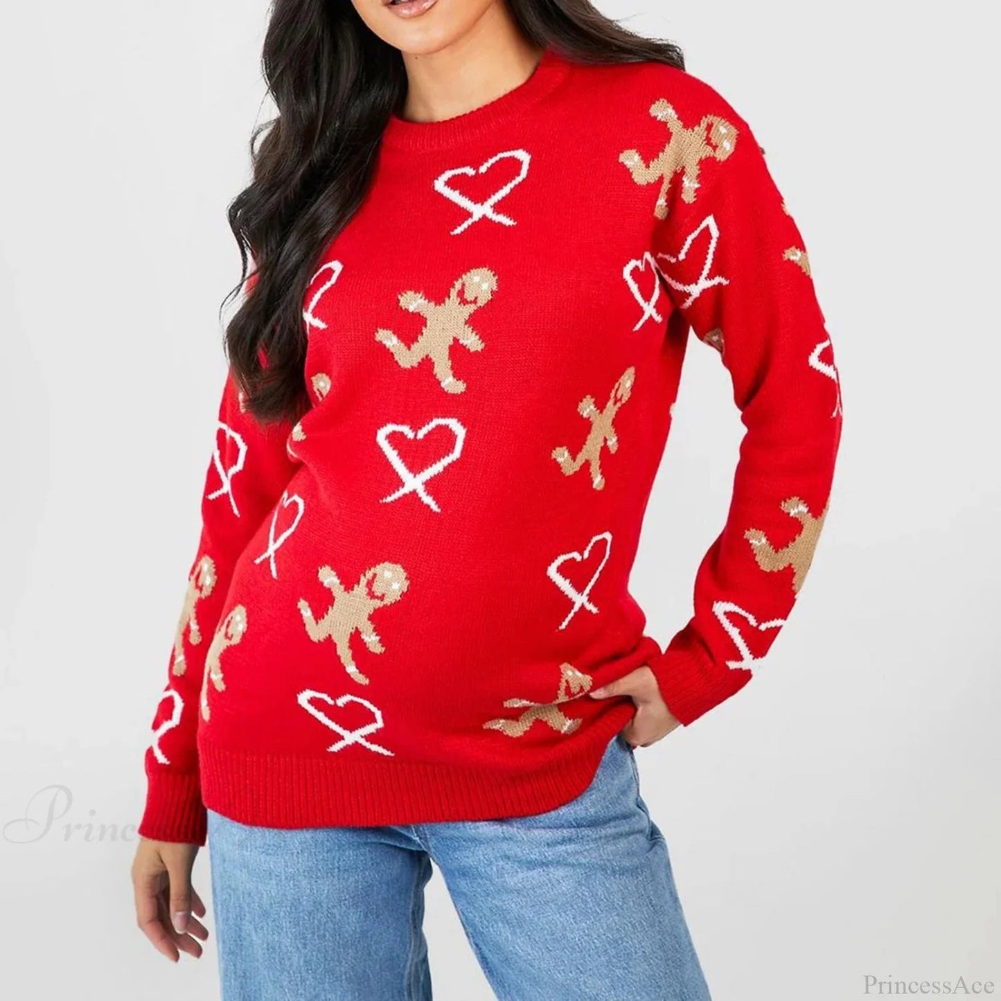 Christmas Gingerbread Print Long Sleeve Round Neck Loose Christmas Sweater