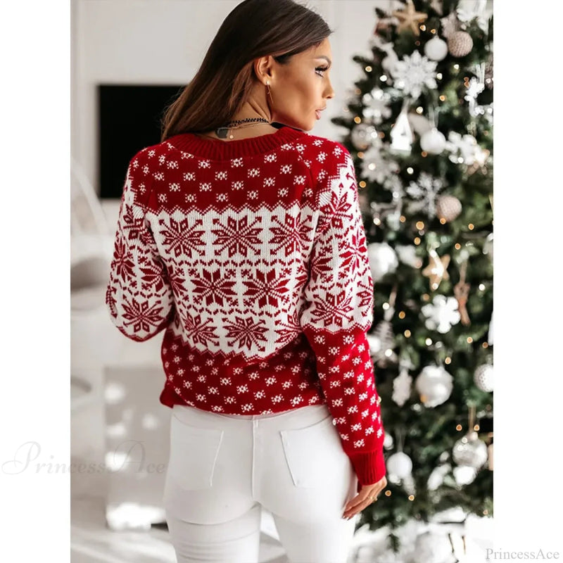 Christmas Snowflake Printed Long Sleeve O Neck Jumper Christmas Sweater