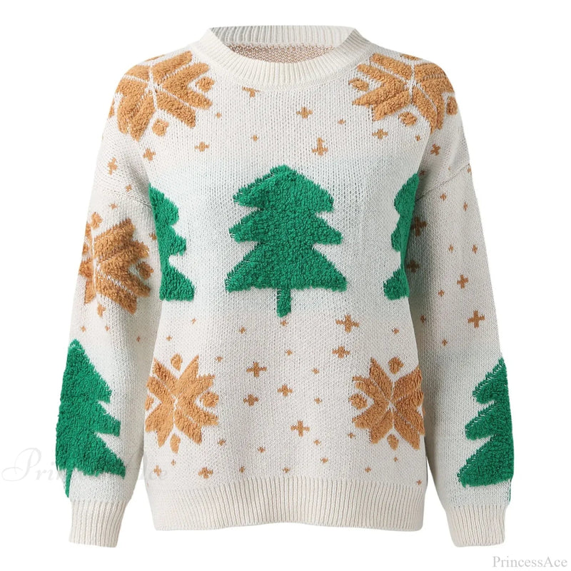 Christmas Tree Print Round Neck Long Sleeve Warm Knitwear Christmas Sweater