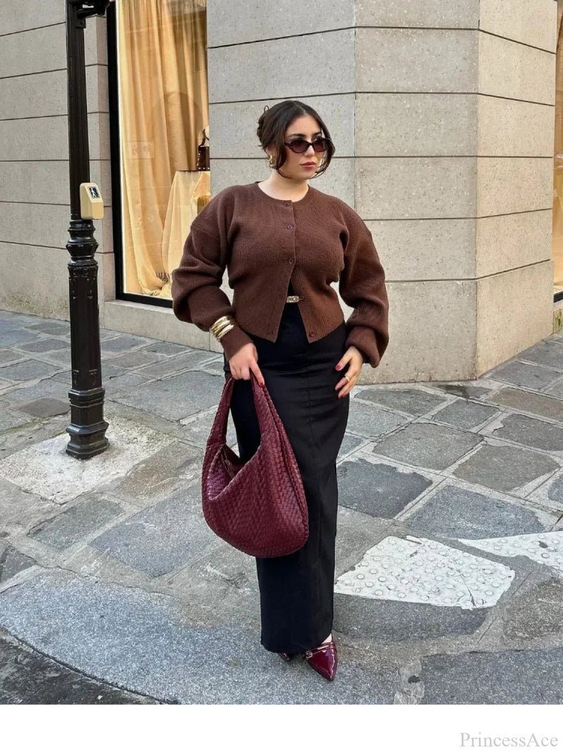 Coffee Color Round Neck Loose Cardigan