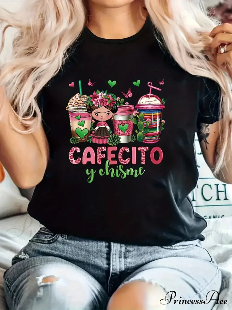Coffee & Girl Printed - All-season Crew Neck Top With Belt Comfortable Polyester Blend Machine-washable T-shirt