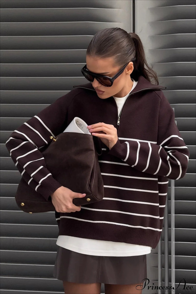 Collared Half Zip Soft Striped Long Sleeve Sweater