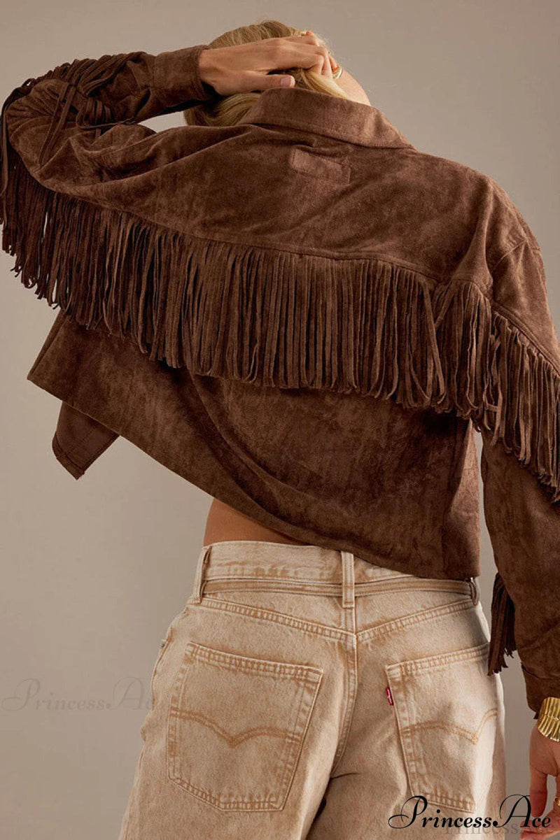 Collared Microsuede Tassel Long Sleeve Coat