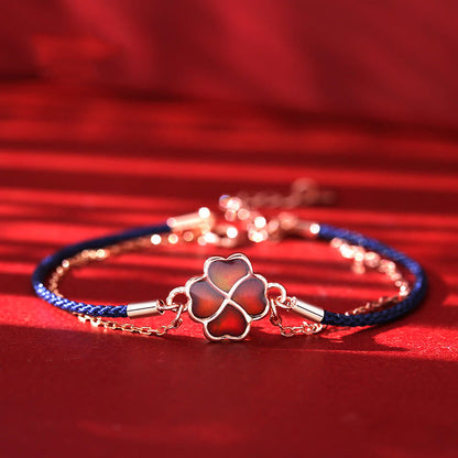 Color-changing Four Leaf Clover Red String Bracelet in 925 Silver for Luck