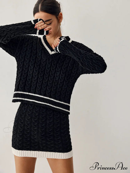 Contrast Trim Cable Knit Modern Sweater With Matching Skirt