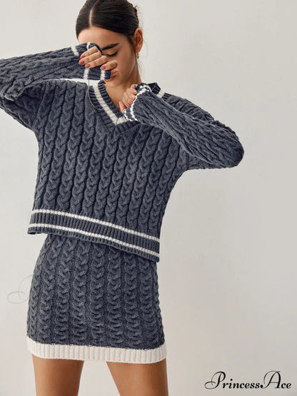 Contrast Trim Cable Knit Modern Sweater With Matching Skirt