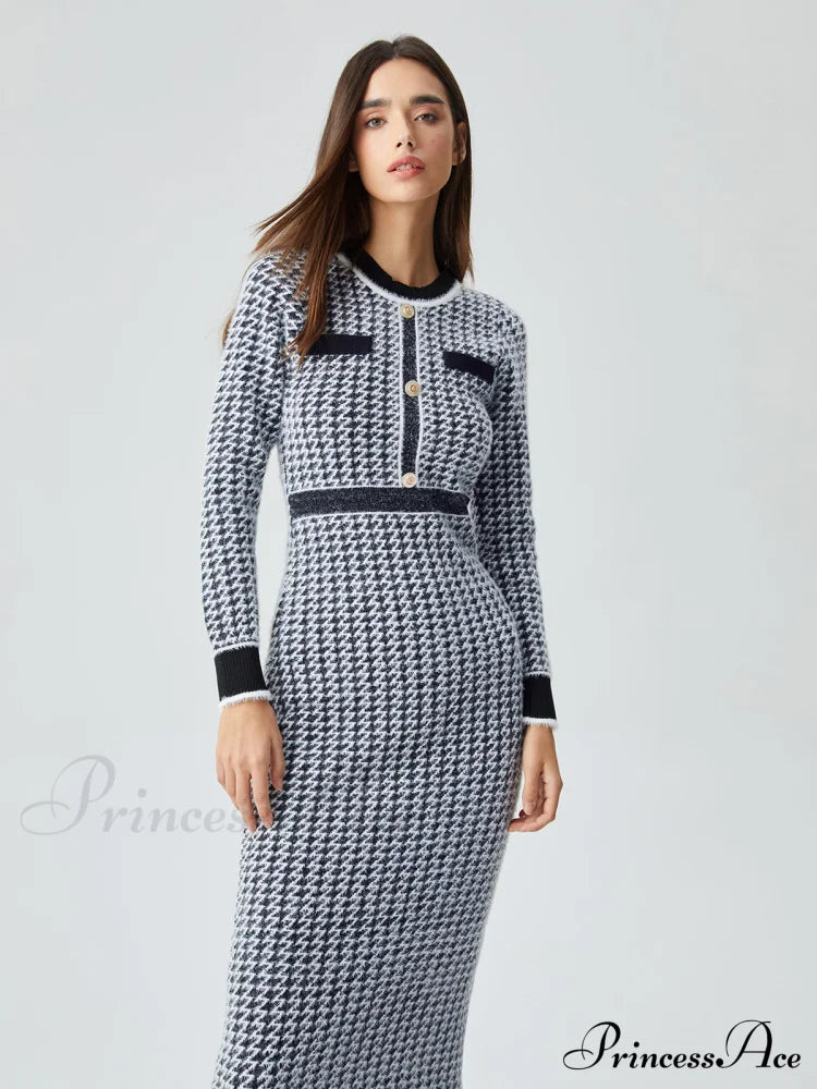Contrast Trim Herringbone Bodycon Sweater Midi Dress