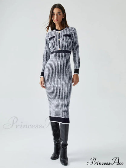 Contrast Trim Herringbone Bodycon Sweater Midi Dress