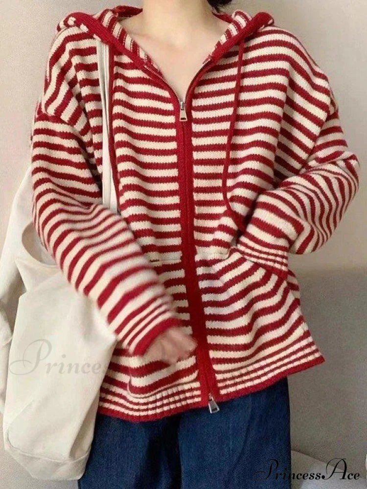 Contrasting Colors Striped Hooded Zipper Cardigan