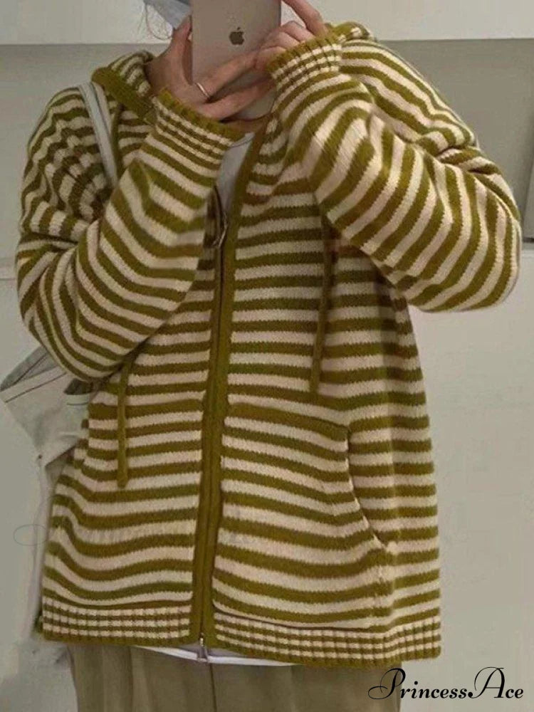 Contrasting Colors Striped Hooded Zipper Cardigan