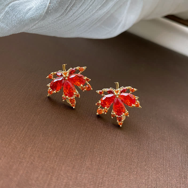 Copper Maple Leaf Zircon Necklace Pendant Ring Earrings for Luck