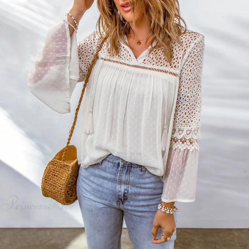 Cotton Embroidery Tassel Splicing Chiffon Blouse