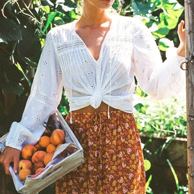 Cotton Embroidery White Lace V-neck Blouse