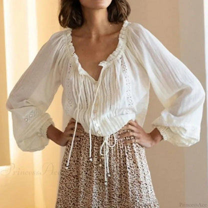 Cotton Embroidery White Lace V-neck Blouse