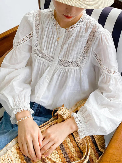 Cotton Embroidery White Lace V-neck Blouse