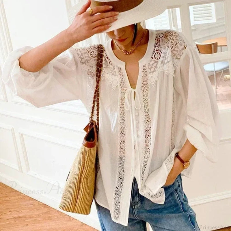 Cotton Embroidery White Lace V-neck Blouse