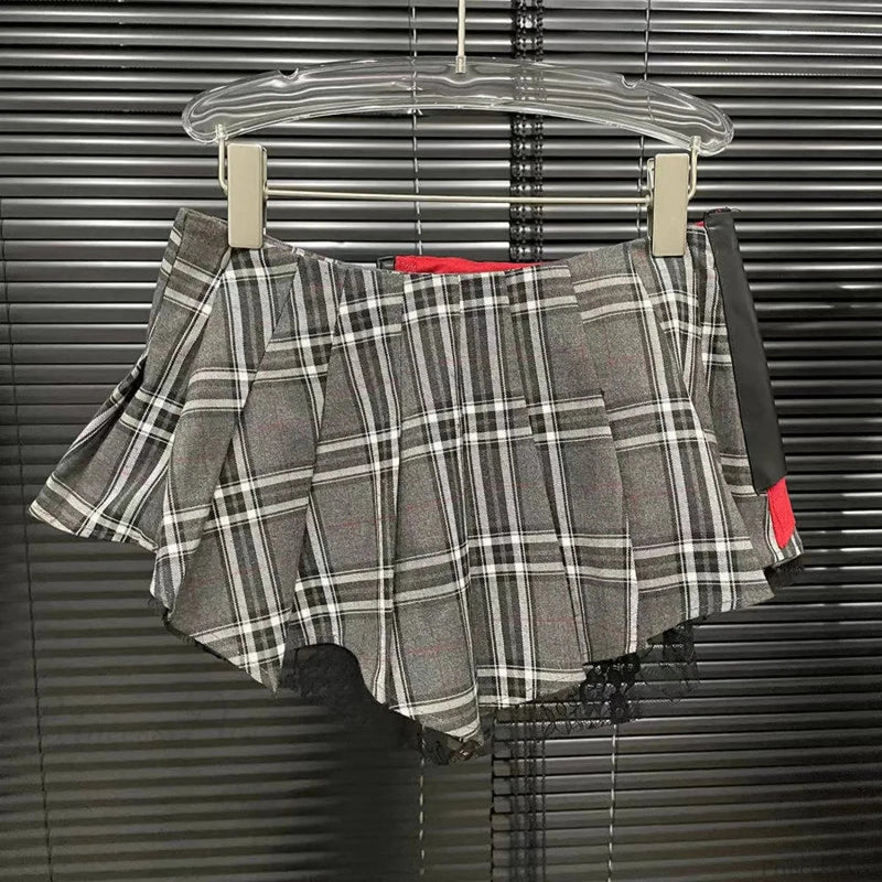 Cotton Lace Patchwork Plaid Skirt