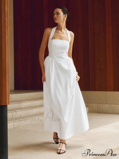 Cotton & Linen Halter Modern a Line Long Dress