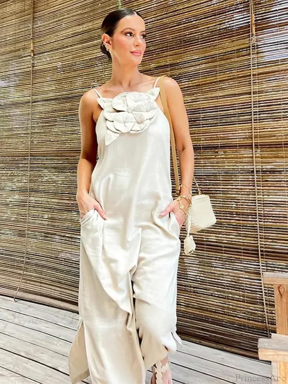 Cotton Linen Split 3d Flower Sling Maxi Dress