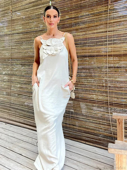 Cotton Linen Split 3d Flower Sling Maxi Dress