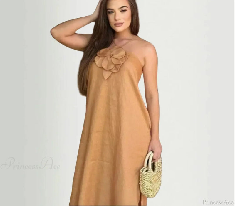 Cotton Linen Split 3d Flower Sling Maxi Dress