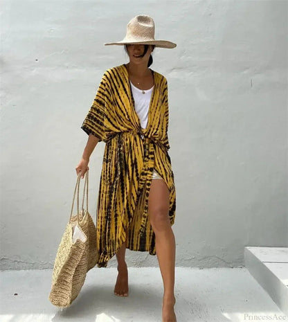 Cotton Rayon Striped Print Cardigan Beach Cover Up