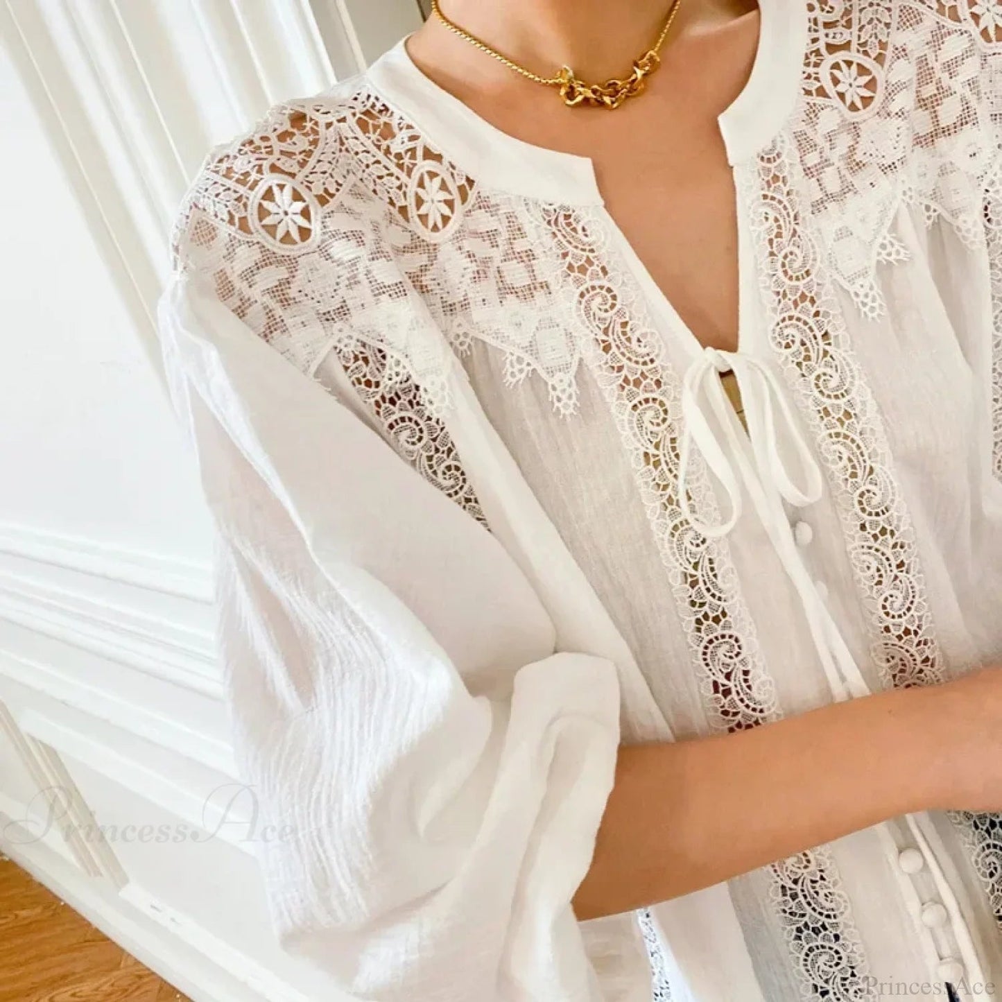Cotton White Lace Lantern Sleeve Oversize Blouse