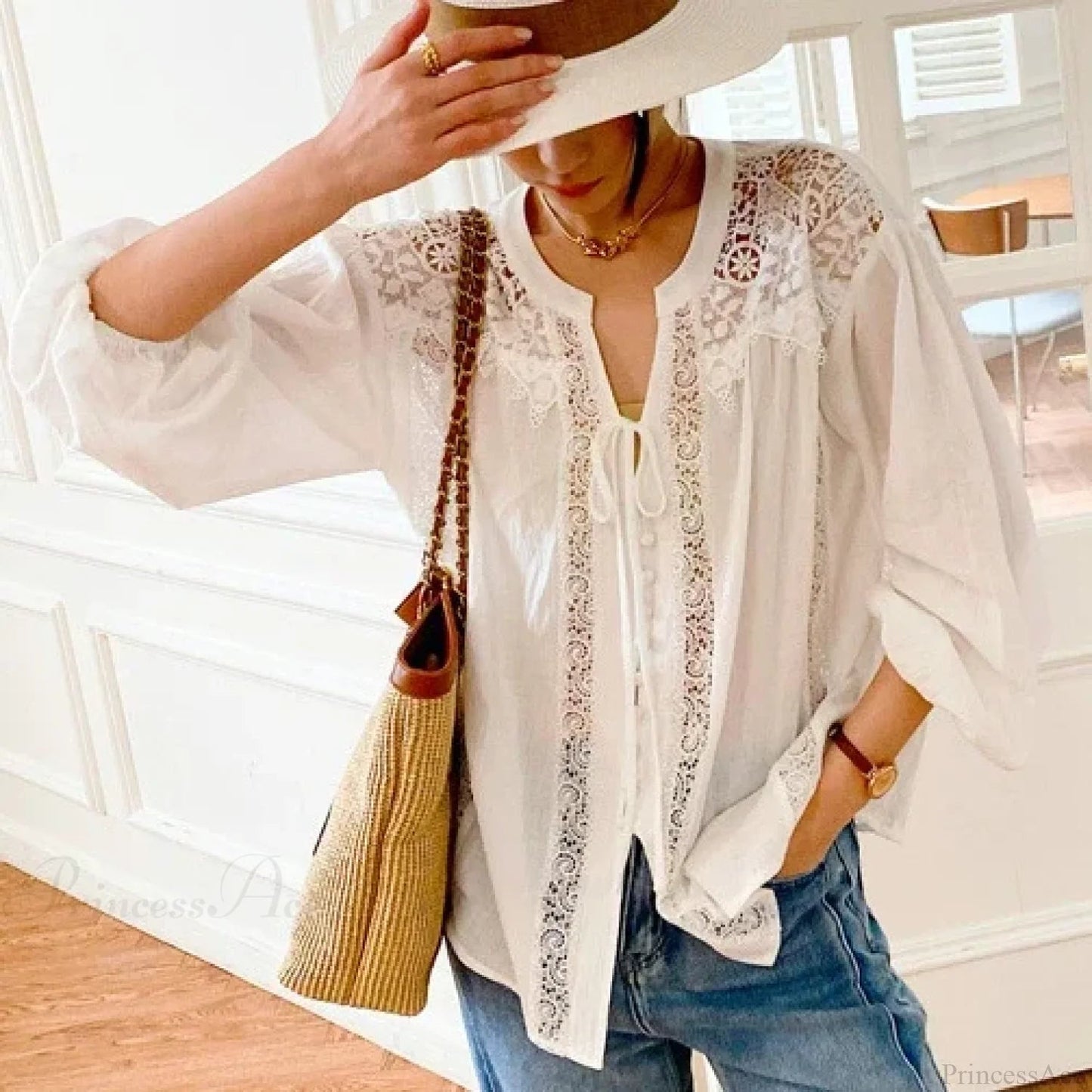 Cotton White Lace Lantern Sleeve Oversize Blouse