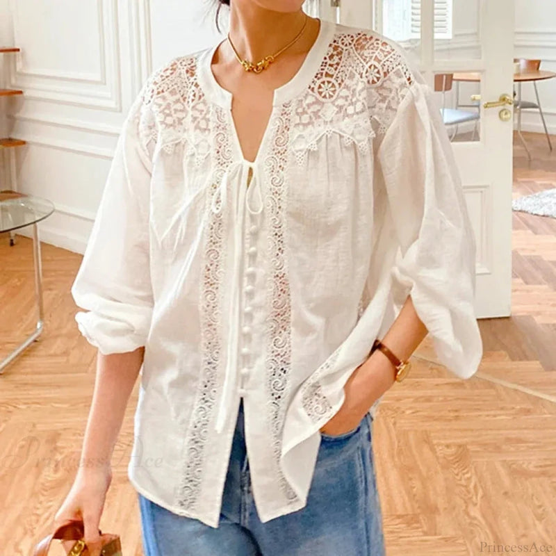 Cotton White Lace Lantern Sleeve Oversize Blouse