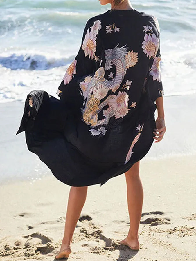 Dragon Print Half Sleeve Cardigan Loose Beach Cover-up Swimwear