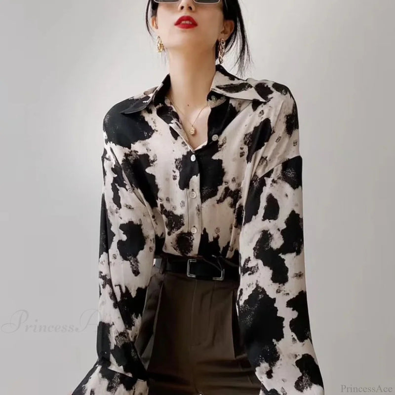 Cow Print Button Up Long Sleeve Blouse