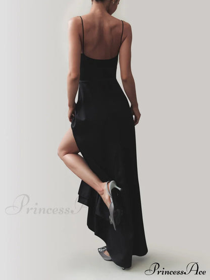 Cowl Neck Satin Slit Long Dress