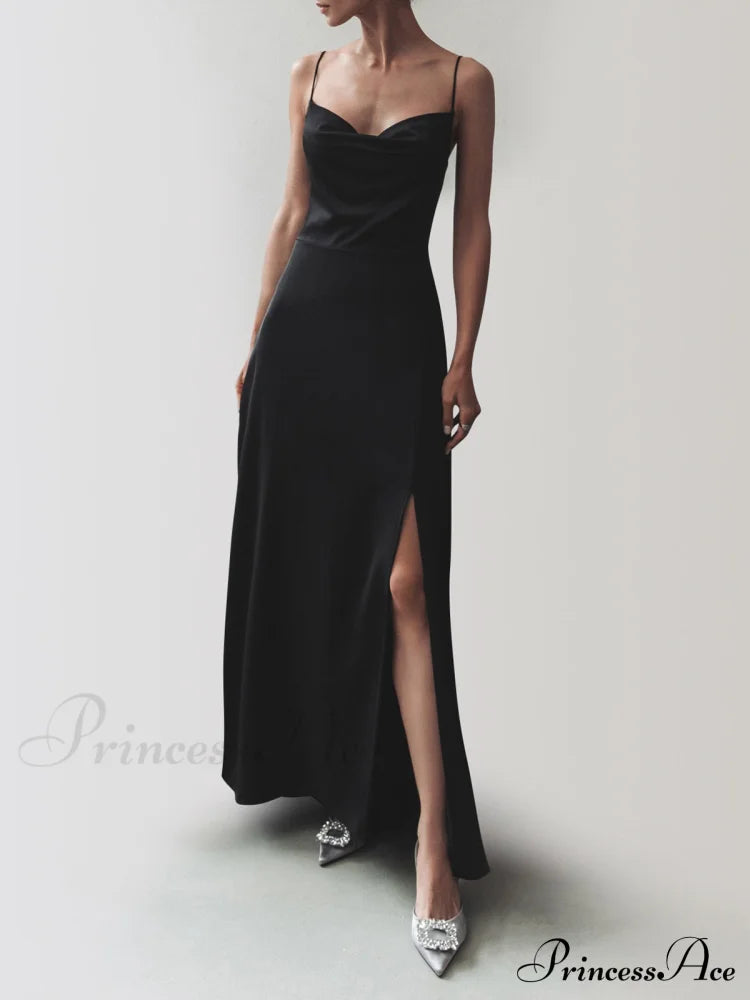 Cowl Neck Satin Slit Long Dress