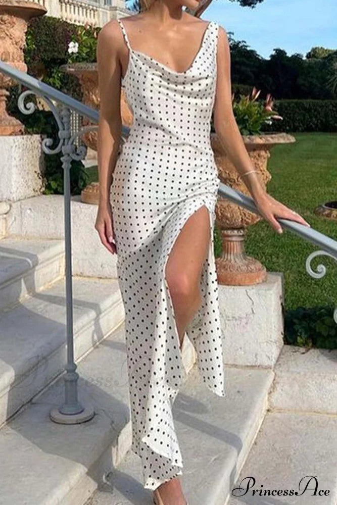 Cowl Neck Slit Dress With Polka Dots